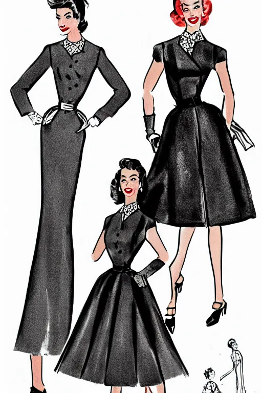 Prompt: a detailed fashion illustration of a 5 0 s hostess outfit