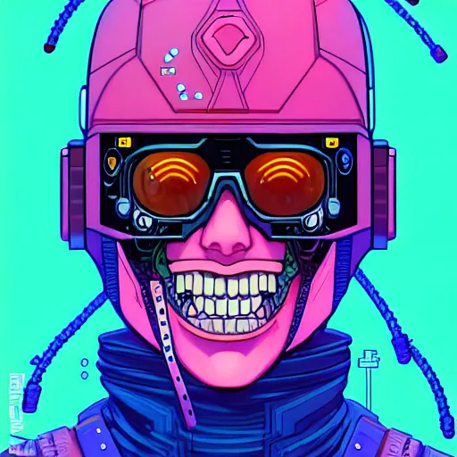 Image similar to portrait painting of cyberpunk chuu kpop cheerful smiling mercenary, sharp focus, award - winning, trending on artstation, masterpiece, highly detailed, intricate. art by josan gonzales and moebius and deathburger