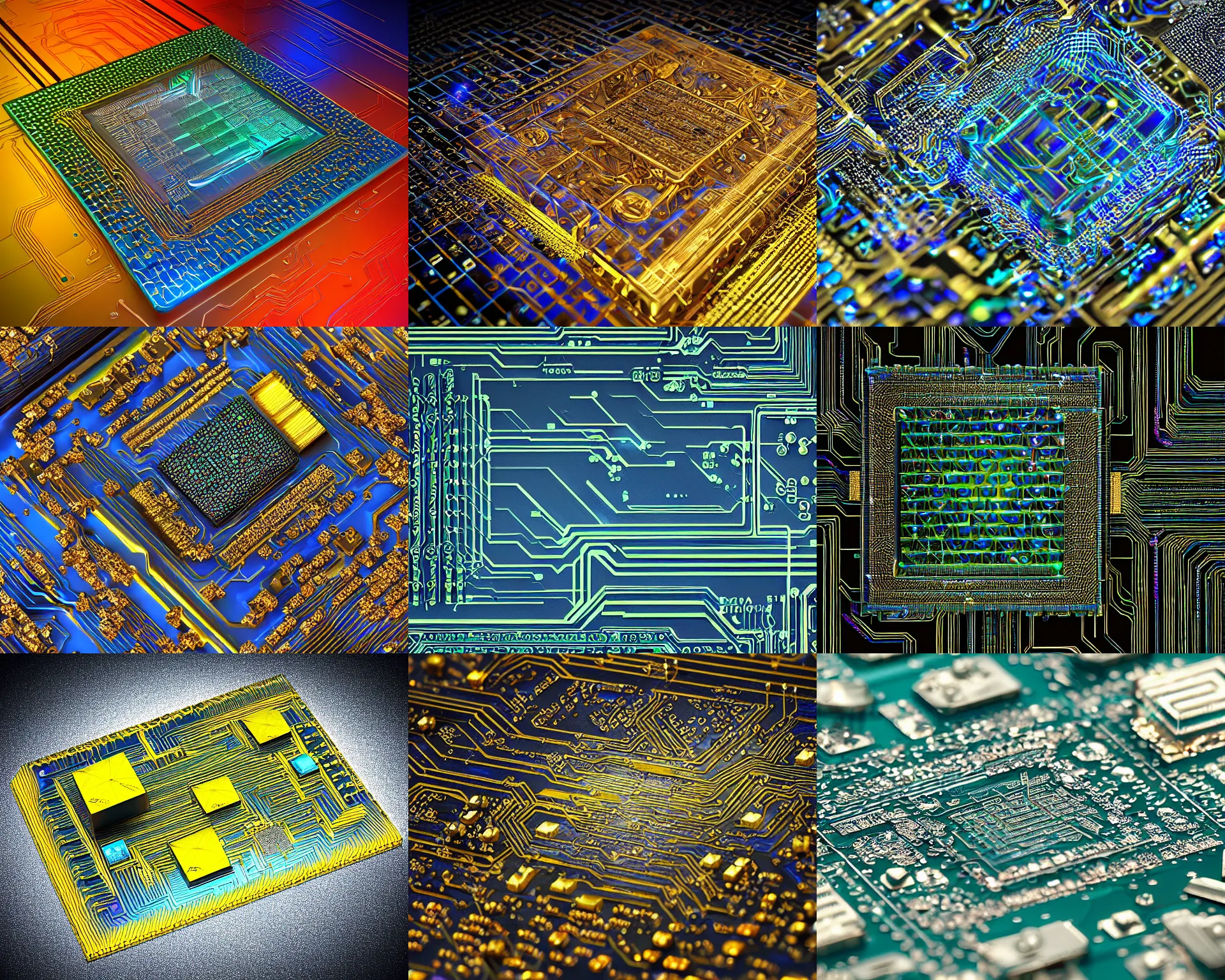 Prompt: circuit board processor, 3 d ray traced photorealistic render, beautiful colors, futuristic, squares, crystal nodes, shiny, high angle shot with sharp realistic intricate detail, iridescent glowing chips, precious metals, treasure artifact