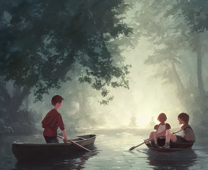 Image similar to a boy and a girl paid sitting together romantically on a long rowboat, girl is leaning on boy’s shoulder. Ripples, trees, shady, atmospheric lighting, details, sharp focus, illustration, by Jordan Grimmer and greg rutkowski, Trending artstation, pixiv, digital art