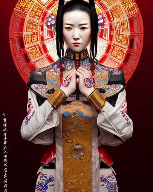 Image similar to portrait of a chinese cyberpunk machine, machine face, robed, upper half portrait, decorated with chinese opera motifs regal asian machine robot cyberpunk fine china, wuxia, traditional chinese art intricate intense elegant highly detailed digital painting artstation concept art smooth sharp focus illustration, art by artgerm and greg rutkowski alphonse mucha 8 k