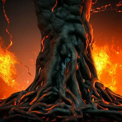 Image similar to Tree of hell, Darkness, fire, larvae, rust, black lightning, portal, cinematic, HD, ultra detail, 8k