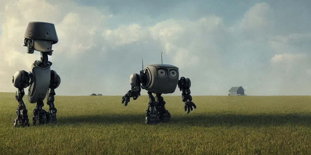 Prompt: a single colossal robot statue sad and alone in an empty field in the countryside with a barn, bright sunny day by donato gioncola and michal karcz and simon stalenhag sharp digital painting. dreaming latent space. matte painting, concept art. artstation. digital render.