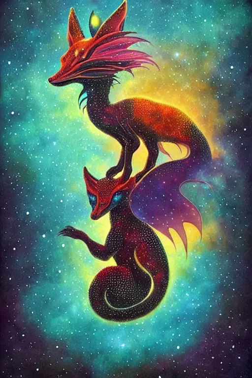 Prompt: surreal hybrid dragon and fox, Dream, magic realism, flowerpunk, mysterious, a midnight sky of nebula and starry space, vivid colors, by andy kehoe, amanda clarke