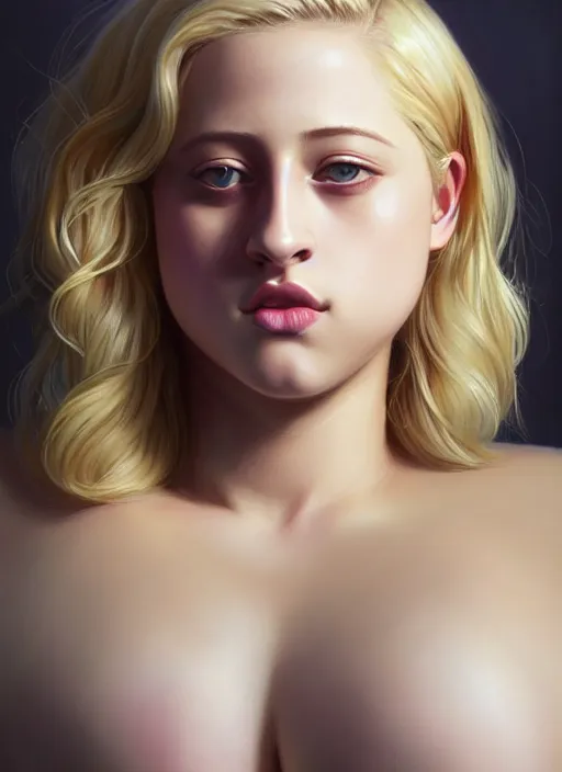 Image similar to full body portrait, teenage lili reinhart, blonde hair, obese, bangs, ponytail, sultry, realistic, sultry, fluffy bangs, shirt, curly bangs, fat, belly, intricate, elegant, highly detailed, digital painting, artstation, concept art, smooth, sharp focus, illustration, art by wlop, mars ravelo and greg rutkowski