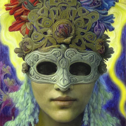 Image similar to masterpiece painting of a facemask made of flowers, by annie swynnerton and jean delville and tino rodriguez and diego rivera, flower mask, flower shaman, spooky dark psychedelic, symbolist, dramatic lighting, god rays, elaborate geometric ornament, clean crisp graphics, soft cool colors, smooth sharp focus, extremely detailed