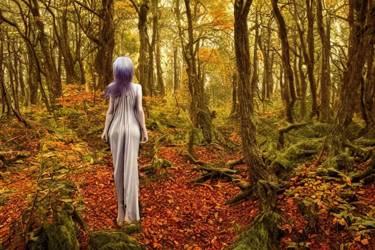 Prompt: a dryad in the autumn forest