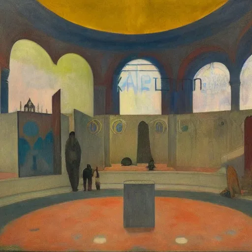 Image similar to apocalyptic scene,prayer,occult,refugees,mosque synagogue interior,masks,geometric art,prism,patina,edward hopper,hilma af klint