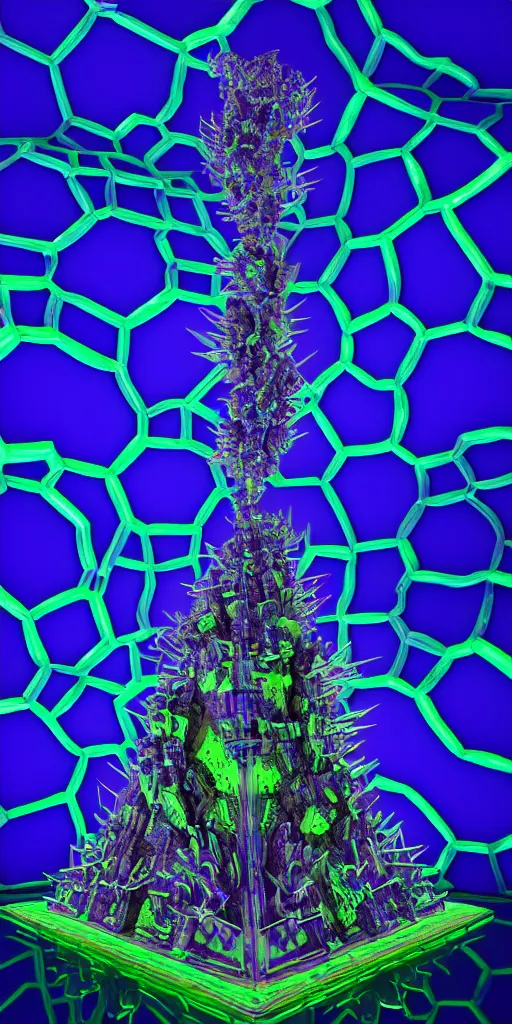 Image similar to 3 d photographic render of a deconstructed asymmetric mandelbulb sculpture, blue bioluminescent chrometype, made of liquid purple metal, neotribal with thorns and green thunders, cyberpunk pyramid, raytraced, hyper realistic, volumetric lightning, 8 k, by zhelong xu and michelangelo