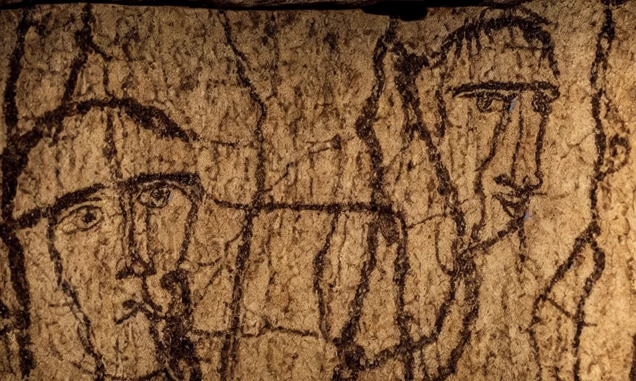 Prompt: ancient cave drawings discovered depicting nicolas cage. archaeological discovery, dslr photograph, high resolution, intricate details, photorealistic.