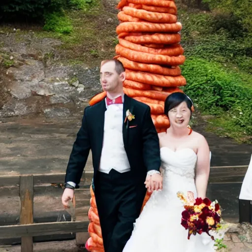 Image similar to a wedding cake made entirely out of meat and sausages with ketchup sauce. During wedding. Highly detailed 8k