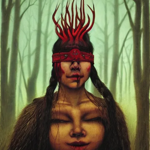 Image similar to A young blindfolded shaman woman with a decorated headband from which blood flows, in the style of heilung, blue hair and wood on her head. The background is a forest on fire, made by Esao Andrews and Karol Bak and Zdzislaw Beksinski,