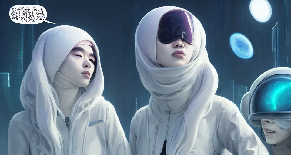 Image similar to portrait of yael shelbia and kang seul - gi, venus squid astronaut, burka, white hair, intricate design details. cyberpunk, rioter, by ruan jia, beeple and richard corben. smooth gradients, deep space.