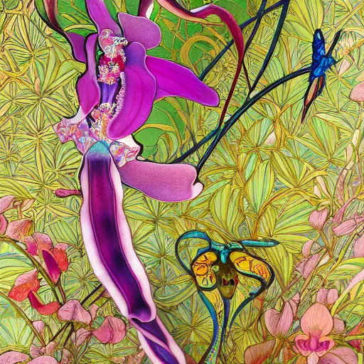 Image similar to majestic colorful orchid mantis cloisonne enamel by leon bakst and yoshitaka amano, cloisonne, beautiful hyperdetailed art nouveau orchids, james jean, amanda sage