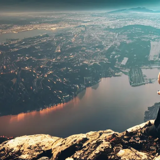 Image similar to a man looking down from a very tall mountain and seeing a city below him, photorealistic