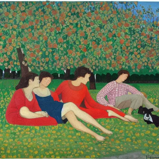 Prompt: friends resting in the apple orchard by felice casorati