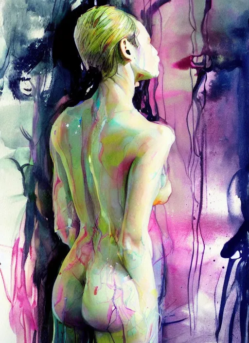 Prompt: sexy seducing smile nathalie portman in mini robe by agnes cecile, half body portrait, view from back, bending pose, extremely luminous bright design, pastel colours, ink drips, autumn lights