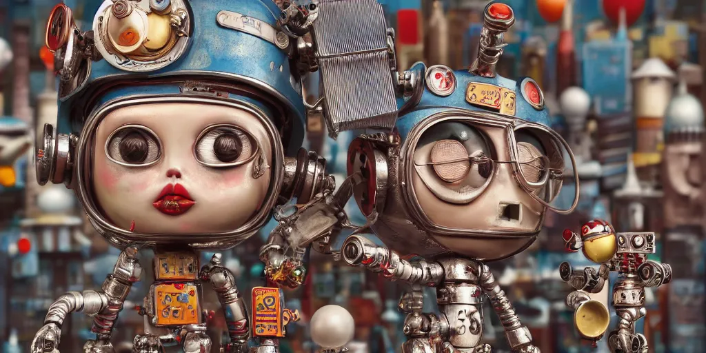 Image similar to closeup portrait of tin toy retro robot city diorama, depth of field, f 3 2, zeiss lens, detailed, centered, fashion photoshoot, by nicoletta ceccoli, mark ryden, lostfish, breathtaking, 8 k resolution, extremely detailed, beautiful, establishing shot, artistic, hyperrealistic, octane render, - h 8 0 4