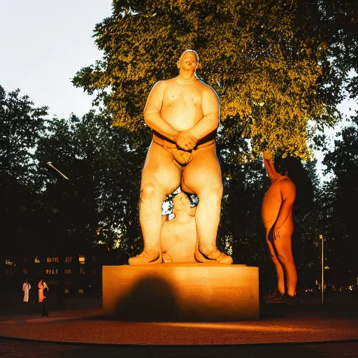 Prompt: People kneeling before a statue of the world's fattest man in a park, evening lit, photorealistic