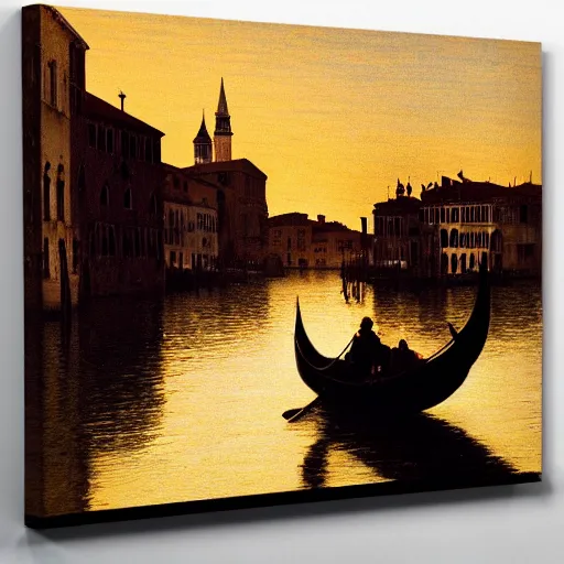 Image similar to A beautiful backlight sunset scene of historic Venice with gondola and reflective water in the style of Johannes Vermeer