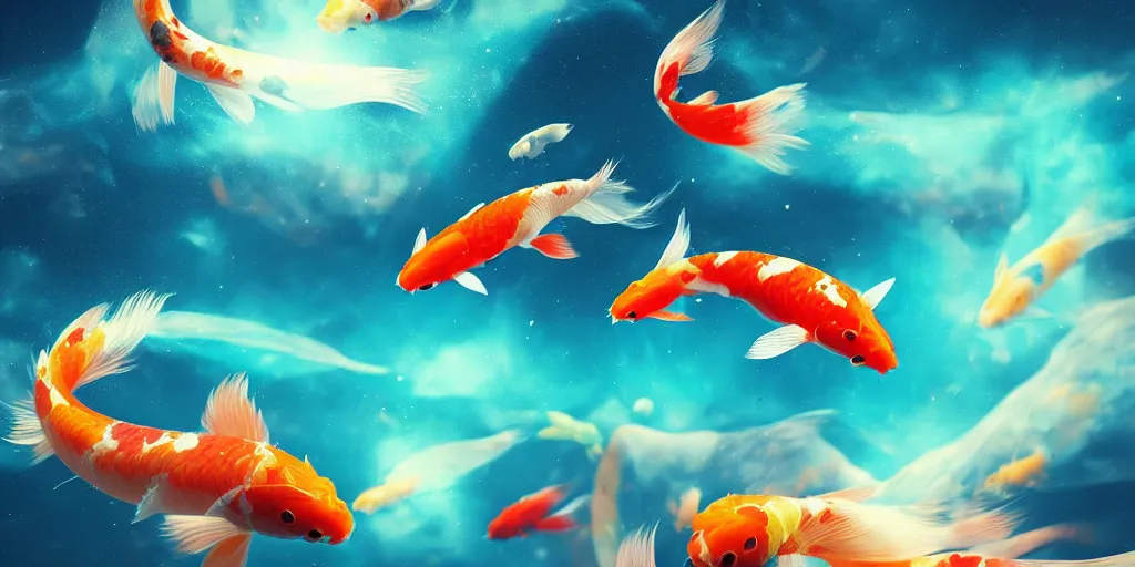 Image similar to koi fish floating in space, turquoise background, realistic detailed digital art by maxwell boas, jessica rossier, christian dimitrov, anton fadeev, trending on artstation, cgsociety, rendered in unreal engine, soft colors, 4 k, hq