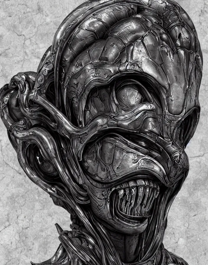 Image similar to engineer prometheus face, xenomorph alien face, highly detailed, symmetrical long head face, smooth marble surfaces, detailed ink illustration, raiden metal gear, cinematic smooth stone, deep aesthetic, concept art, post process, 4k, carved marble texture and silk cloth, latex skin, highly ornate intricate details, prometheus, evil, moody lighting, hr geiger, hayao miyazaki, indsutrial Steampunk