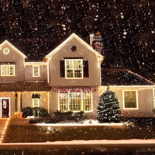 Image similar to a big wonderful house in the american suburbs decorated in christmas lights, shot from across the street, during the night, snow is falling to the ground