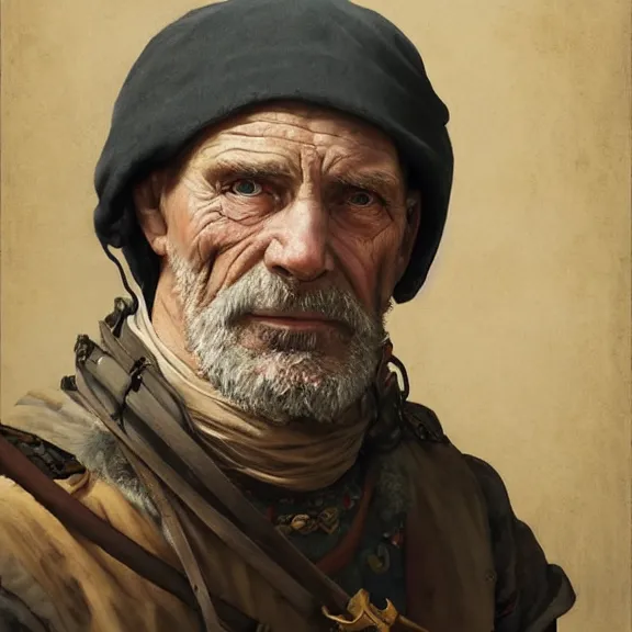 Image similar to excellent painted portrait of a retired elderly 15th century swiss mercenary, high quality painting with detailed face, 4k, trending on artstation, octane render, art by artgerm and greg rutkowski and alphonse mucha and craig mullins and James Jean and Andrei Riabovitchev and Marc Simonetti and peter mohrbacher