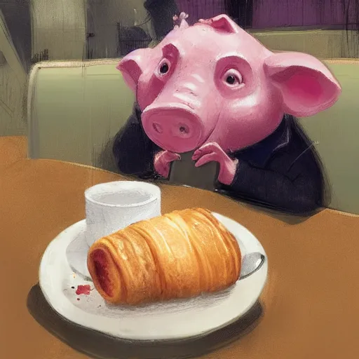 Prompt: Percy Pig eating a croissant at Pret in Gatwick Airport, Greg Rutkowski