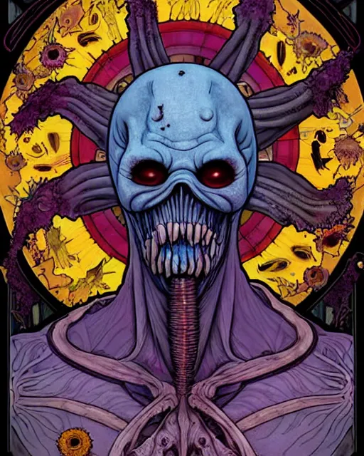 Image similar to the platonic ideal of flowers, rotting, insects and praying of cletus kasady carnage thanos dementor wild hunt doctor manhattan chtulu nazgul mandala ponyo davinci, d & d, fantasy, ego dissolution, scary, decay, dmt, art by artgerm and greg rutkowski and alphonse mucha and giuseppe arcimboldo