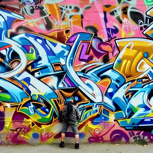 Prompt: tiny people in front of giant walls with amazing graffitis, hyper detailed, photorealistic, hd
