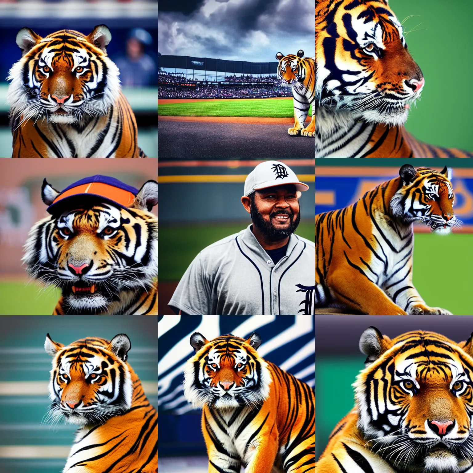 Prompt: a tiger wearing a Detroit Tigers baseball cap, center of frame, plain blurred background