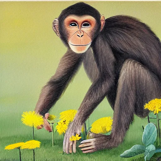 Prompt: photograph of a monkey painting dandelions on a canvas