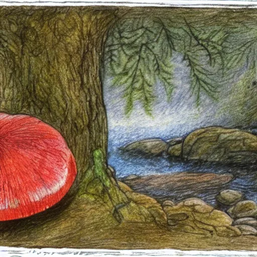 Image similar to illustration of a wooded scene with a small stream in the distance and a red mushroom in the foreground, coloured pencil drawing, highly detailed, beatrix potter