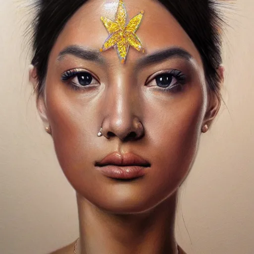 Image similar to Intricate five star Beautiful Royal Queen facial portrait by Monica Lee, Colored pencil on paper, high detail, skin texture, photo realistic, hyperrealism,matte finish, high contrast, 3d depth, masterpiece, vivid colors, artstationhd