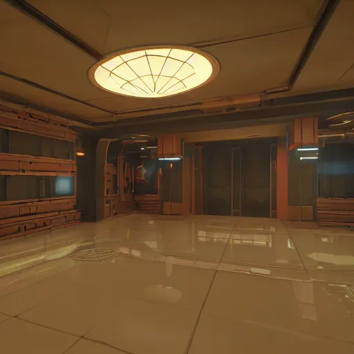 Prompt: Sci fi interior, unreal engine 5 tech demo, zillow interior, cool tint, metallic reflective, octane render, Frank Lloyd Wright ((Studio Ghibli))