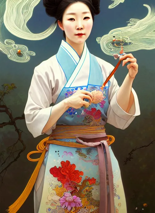 Prompt: character concept of a south korean female chef, wearing a beautiful hanbok inspired apron, holding magical kitchen knives, beautiful rivers of energy flowing in background, by peter mohrbacher and alphonse mucha and loish, 4 k, high resolution, intricate, hyperdetailed, photorealistic, artstation, smooth, sharp focus