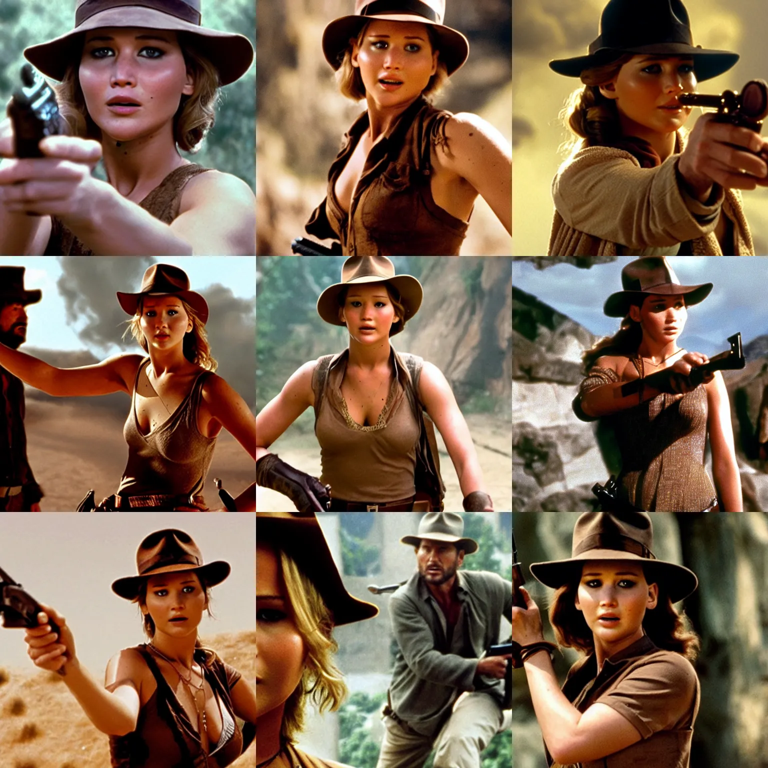 Prompt: Jennifer Lawrence as Indiana Jones, holding a revolver, film still from 'Indiana Jones'