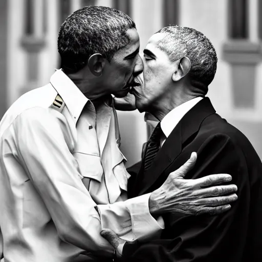 Prompt: Joseph Stalin and Barack Obama passionately kissing each other on the lips, 8k, dslr, depth of field