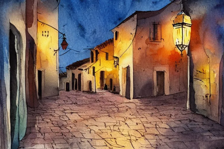 Image similar to paint brush strokes, abstract watercolor painting of rustic mediterranean village at nightfall, lantern, ambient lighting, wonderful masterpiece, cinematic light, american romanticism