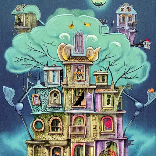 Prompt: a house with a tower, owl, birds, cheese, lowbrow in the style of mark ryden and daniel merriam,