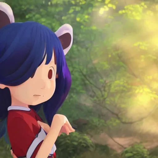 Prompt: a wholesome animation key shot of a girl with a raccoon tail and long dark blue hair, medium shot, studio ghibli, pixar and disney animation, sharp, rendered in unreal engine 5, anime key art by loish, bloom, dramatic lighting