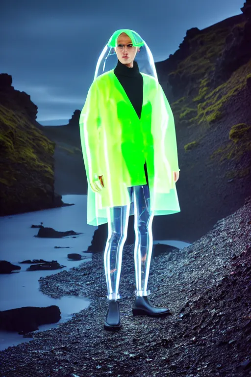 Image similar to an ultra high definition professional high fashion portrait studio full length photograph of a model wearing a transparent pearlescent raincoat and neon visor in an icelandic black rock environment at dawn. no artefacts. extremely detailed. stark. refraction. shallow depth of field. volumetric light and shadow. ray tracing. light rays.