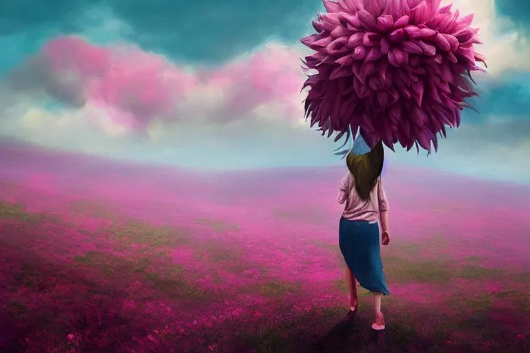 Image similar to giant dahlia flower as a head, girl walking on mountain, surreal photography, pink storm clouds, dramatic light, impressionist painting, digital painting, artstation, simon stalenhag