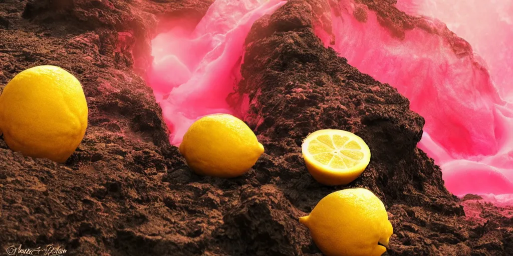 Image similar to pink lemonade flowing from the volcano, digital art, 4 k, highly detailed, soft lighting, dramatic perspective