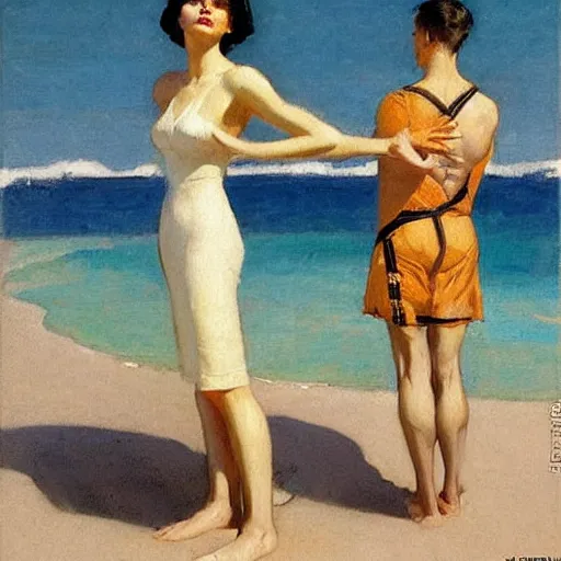 Image similar to woman on the beach, black dress, part leyendecker style, part dean cornwell style