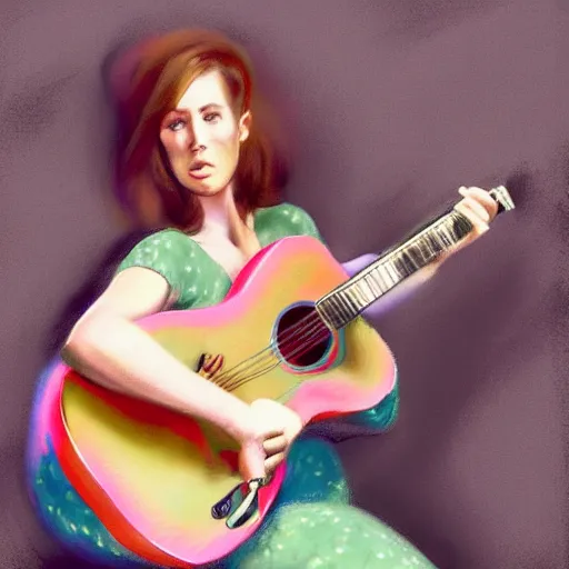 Image similar to women playing guitar, televisions, artstation, photoreal cinema still, pastel in the style of bruce weber