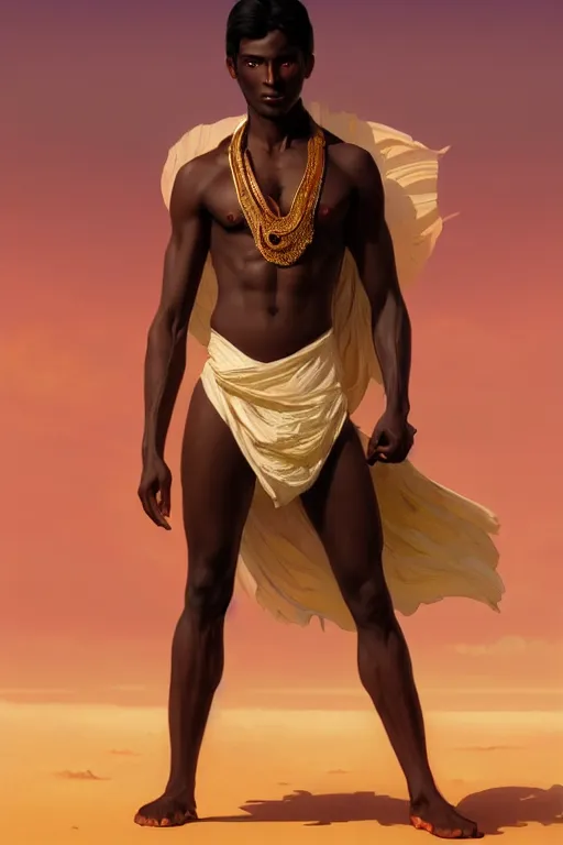 Image similar to full figure beautiful young fit dark skin man, dressed with multicolored fluent clothes, luminous scene, by greg rutkowski and alphonse mucha, d & d character, gradient white to gold, in front of a dune desert background, highly detailed portrait, digital painting, artstation, concept art, smooth, sharp focus illustration, artstation hq