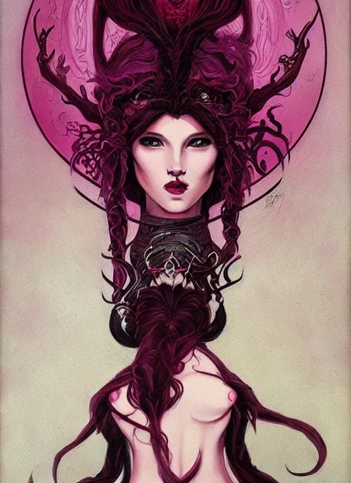 Image similar to portrait of princess of the dreamlands and moon beast, beautiful! coherent! by brom, deep colors, red maroon purple pink black, strong lines, rule of thirds