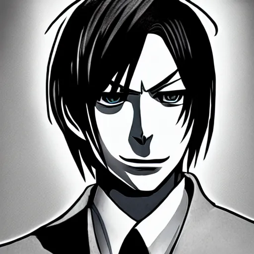 Image similar to light yagami from death note wearing a black suit, dark lighting, sinister, anime, 4k, professional anime artwork,